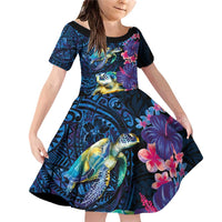 Hawaiian Plumeria and Hibiscus with Turtles Family Matching Off Shoulder Short Dress and Hawaiian Shirt Polynesian Art Dark Cyan Color - Polynesian Pride