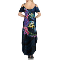 Hawaiian Plumeria and Hibiscus with Turtles Family Matching Summer Maxi Dress and Hawaiian Shirt Polynesian Art Dark Cyan Color - Polynesian Pride
