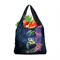 Hawaiian Plumeria and Hibiscus with Turtles Grocery Bag Polynesian Art Dark Cyan Color - Polynesian Pride