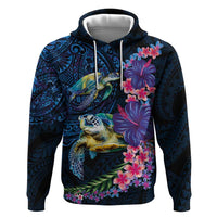 Hawaiian Plumeria and Hibiscus with Turtles Hoodie Polynesian Art Dark Cyan Color - Polynesian Pride