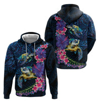 Hawaiian Plumeria and Hibiscus with Turtles Hoodie Polynesian Art Dark Cyan Color - Polynesian Pride