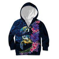 Hawaiian Plumeria and Hibiscus with Turtles Kid Hoodie Polynesian Art Dark Cyan Color - Polynesian Pride