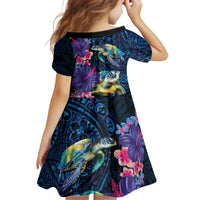 Hawaiian Plumeria and Hibiscus with Turtles Kid Short Sleeve Dress Polynesian Art Dark Cyan Color - Polynesian Pride