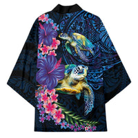 Hawaiian Plumeria and Hibiscus with Turtles Kimono Polynesian Art Dark Cyan Color - Polynesian Pride