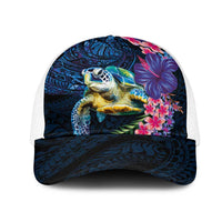 Hawaiian Plumeria and Hibiscus with Turtles Mesh Trucker Cap Polynesian Art Dark Cyan Color - Polynesian Pride
