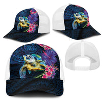 Hawaiian Plumeria and Hibiscus with Turtles Mesh Trucker Cap Polynesian Art Dark Cyan Color - Polynesian Pride