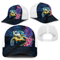 Hawaiian Plumeria and Hibiscus with Turtles Mesh Trucker Cap Polynesian Art Dark Cyan Color - Polynesian Pride