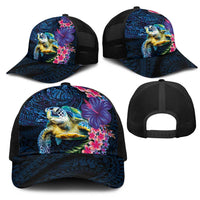 Hawaiian Plumeria and Hibiscus with Turtles Mesh Trucker Cap Polynesian Art Dark Cyan Color - Polynesian Pride