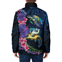 Hawaiian Plumeria and Hibiscus with Turtles Padded Jacket Polynesian Art Dark Cyan Color - Polynesian Pride