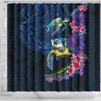 Hawaiian Plumeria and Hibiscus with Turtles Shower Curtain Polynesian Art Dark Cyan Color - Polynesian Pride