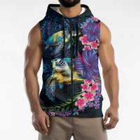 Hawaiian Plumeria and Hibiscus with Turtles Sleeveless Zip Hoodie Polynesian Art Dark Cyan Color LT03 - Polynesian Pride