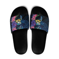 Hawaiian Plumeria and Hibiscus with Turtles Slide Sandals Polynesian Art Dark Cyan Color - Polynesian Pride