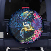 Hawaiian Plumeria and Hibiscus with Turtles Spare Tire Cover Polynesian Art Dark Cyan Color - Polynesian Pride