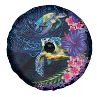 Hawaiian Plumeria and Hibiscus with Turtles Spare Tire Cover Polynesian Art Dark Cyan Color - Polynesian Pride
