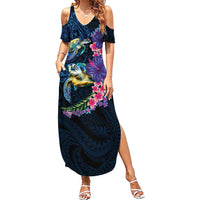 Hawaiian Plumeria and Hibiscus with Turtles Summer Maxi Dress Polynesian Art Dark Cyan Color - Polynesian Pride