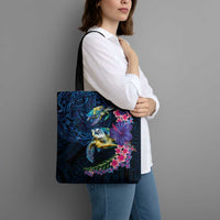 Hawaiian Plumeria and Hibiscus with Turtles Tote Bag Polynesian Art Dark Cyan Color - Polynesian Pride