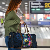 Hawaiian Plumeria and Hibiscus with Turtles Travel Bag Polynesian Art Dark Cyan Color - Polynesian Pride