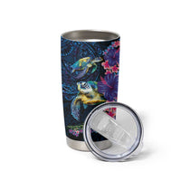Hawaiian Plumeria and Hibiscus with Turtles Tumbler Cup Polynesian Art Dark Cyan Color - Polynesian Pride