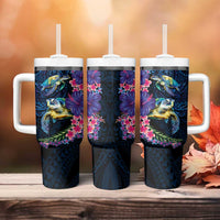 Hawaiian Plumeria and Hibiscus with Turtles Tumbler With Handle Polynesian Art Dark Cyan Color - Polynesian Pride