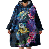 Hawaiian Plumeria and Hibiscus with Turtles Wearable Blanket Hoodie Polynesian Art Dark Cyan Color - Polynesian Pride