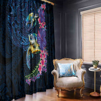 Hawaiian Plumeria and Hibiscus with Turtles Window Curtain Polynesian Art Dark Cyan Color - Polynesian Pride