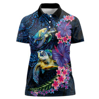 Hawaiian Plumeria and Hibiscus with Turtles Women Polo Shirt Polynesian Art Dark Cyan Color LT03 Female Dark Cyan - Polynesian Pride