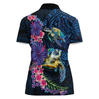 Hawaiian Plumeria and Hibiscus with Turtles Women Polo Shirt Polynesian Art Dark Cyan Color LT03 - Polynesian Pride