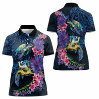 Hawaiian Plumeria and Hibiscus with Turtles Women Polo Shirt Polynesian Art Dark Cyan Color LT03 - Polynesian Pride