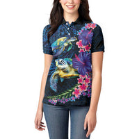 Hawaiian Plumeria and Hibiscus with Turtles Women Polo Shirt Polynesian Art Dark Cyan Color LT03 - Polynesian Pride