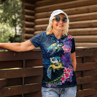 Hawaiian Plumeria and Hibiscus with Turtles Women Polo Shirt Polynesian Art Dark Cyan Color LT03 - Polynesian Pride