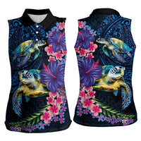 Hawaiian Plumeria and Hibiscus with Turtles Women Sleeveless Polo Shirt Polynesian Art Dark Cyan Color LT03 - Polynesian Pride
