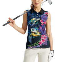 Hawaiian Plumeria and Hibiscus with Turtles Women Sleeveless Polo Shirt Polynesian Art Dark Cyan Color LT03 - Polynesian Pride