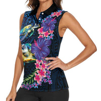Hawaiian Plumeria and Hibiscus with Turtles Women Sleeveless Polo Shirt Polynesian Art Dark Cyan Color LT03 - Polynesian Pride