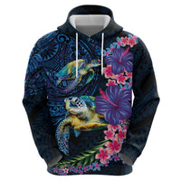 Hawaiian Plumeria and Hibiscus with Turtles Zip Hoodie Polynesian Art Dark Cyan Color - Polynesian Pride