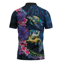 Hawaiian Plumeria and Hibiscus with Turtles Zipper Polo Shirt Polynesian Art Dark Cyan Color - Polynesian Pride