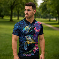 Hawaiian Plumeria and Hibiscus with Turtles Zipper Polo Shirt Polynesian Art Dark Cyan Color - Polynesian Pride