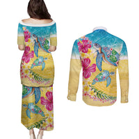 Hawaiian Tropical Plants Turtles Couples Matching Puletasi and Long Sleeve Button Shirt Watercolor Style - Polynesian Pride