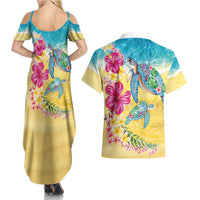 Hawaiian Tropical Plants Turtles Couples Matching Summer Maxi Dress and Hawaiian Shirt Watercolor Style - Polynesian Pride