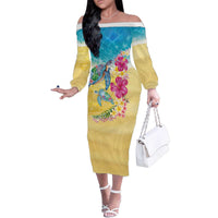 Hawaiian Tropical Plants Turtles Family Matching Off The Shoulder Long Sleeve Dress and Hawaiian Shirt Watercolor Style - Polynesian Pride