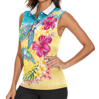 Hawaiian Tropical Plants Turtles Women Sleeveless Polo Shirt Watercolor Style - Polynesian Pride