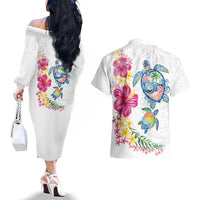 Hawaiian Abstract Art Turtles Couples Matching Off The Shoulder Long Sleeve Dress and Hawaiian Shirt with Plumeria and Hibiscus - Polynesian Pride