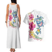 Hawaiian Abstract Art Turtles Couples Matching Tank Maxi Dress and Hawaiian Shirt with Plumeria and Hibiscus - Polynesian Pride