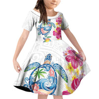 Hawaiian Abstract Art Turtles Family Matching Off Shoulder Short Dress and Hawaiian Shirt with Plumeria and Hibiscus - Polynesian Pride