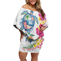 Hawaiian Abstract Art Turtles Family Matching Off Shoulder Short Dress and Hawaiian Shirt with Plumeria and Hibiscus - Polynesian Pride