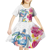 Hawaiian Abstract Art Turtles Kid Short Sleeve Dress with Plumeria and Hibiscus - Polynesian Pride
