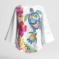 Hawaiian Abstract Art Turtles Kimono Sleeve Blouse with Plumeria and Hibiscus - Polynesian Pride