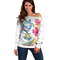 Hawaiian Abstract Art Turtles Off Shoulder Sweater with Plumeria and Hibiscus - Polynesian Pride