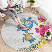 Hawaiian Abstract Art Turtles Round Carpet with Plumeria and Hibiscus - Polynesian Pride