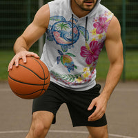 Hawaiian Abstract Art Turtles Sleeveless Hoodie with Plumeria and Hibiscus - Polynesian Pride