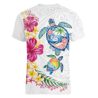 Hawaiian Abstract Art Turtles Women V-Neck T-Shirt with Plumeria and Hibiscus - Polynesian Pride